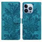 For iPhone 15 Pro Max Lace Floral Embossed Magnetic Buckle PU Phone Case With Wrist Strap(Green) - 1