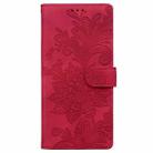 For iPhone 15 Pro Max Lace Floral Embossed Magnetic Buckle PU Phone Case With Wrist Strap(Red) - 1