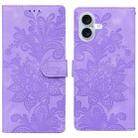 For iPhone 16 Lace Floral Embossed Magnetic Buckle PU Phone Case With Wrist Strap(Purple) - 1