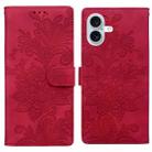 For iPhone 16 Lace Floral Embossed Magnetic Buckle PU Phone Case With Wrist Strap(Red) - 1