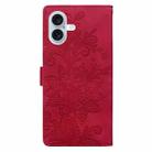 For iPhone 16 Lace Floral Embossed Magnetic Buckle PU Phone Case With Wrist Strap(Red) - 3