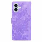 For iPhone 16 Plus Lace Floral Embossed Magnetic Buckle PU Phone Case With Wrist Strap(Purple) - 3