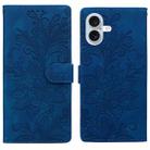 For iPhone 16 Plus Lace Floral Embossed Magnetic Buckle PU Phone Case With Wrist Strap(Blue) - 1