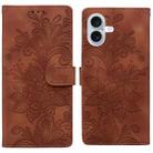 For iPhone 16 Plus Lace Floral Embossed Magnetic Buckle PU Phone Case With Wrist Strap(Brown) - 1