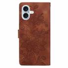 For iPhone 16 Plus Lace Floral Embossed Magnetic Buckle PU Phone Case With Wrist Strap(Brown) - 3