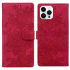 For iPhone 16 Pro Lace Floral Embossed Magnetic Buckle PU Phone Case With Wrist Strap(Red) - 1