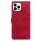 For iPhone 16 Pro Lace Floral Embossed Magnetic Buckle PU Phone Case With Wrist Strap(Red) - 3