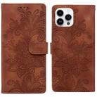 For iPhone 16 Pro Lace Floral Embossed Magnetic Buckle PU Phone Case With Wrist Strap(Brown) - 1