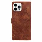 For iPhone 16 Pro Lace Floral Embossed Magnetic Buckle PU Phone Case With Wrist Strap(Brown) - 3