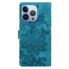 For iPhone 16 Pro Max Lace Floral Embossed Magnetic Buckle PU Phone Case With Wrist Strap(Green) - 3