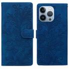 For iPhone 16 Pro Max Lace Floral Embossed Magnetic Buckle PU Phone Case With Wrist Strap(Blue) - 1