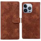 For iPhone 16 Pro Max Lace Floral Embossed Magnetic Buckle PU Phone Case With Wrist Strap(Brown) - 1