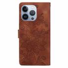 For iPhone 16 Pro Max Lace Floral Embossed Magnetic Buckle PU Phone Case With Wrist Strap(Brown) - 3