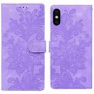 For iPhone X / XS Lace Floral Embossed Magnetic Buckle PU Phone Case With Wrist Strap(Purple) - 1