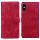 For iPhone X / XS Lace Floral Embossed Magnetic Buckle PU Phone Case With Wrist Strap(Red) - 1