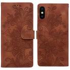 For iPhone X / XS Lace Floral Embossed Magnetic Buckle PU Phone Case With Wrist Strap(Brown) - 1