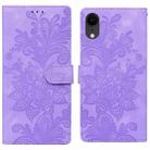 For iPhone XR Lace Floral Embossed Magnetic Buckle PU Phone Case With Wrist Strap(Purple) - 1