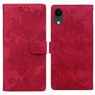 For iPhone XR Lace Floral Embossed Magnetic Buckle PU Phone Case With Wrist Strap(Red) - 1