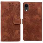 For iPhone XR Lace Floral Embossed Magnetic Buckle PU Phone Case With Wrist Strap(Brown) - 1