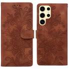 For Samsung Galaxy S25 Ultra 5G Lace Floral Embossed Magnetic Buckle PU Phone Case With Wrist Strap(Brown) - 1