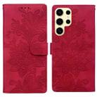 For Samsung Galaxy S24 Ultra 5G Lace Floral Embossed Magnetic Buckle PU Phone Case With Wrist Strap(Red) - 1