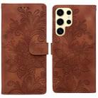 For Samsung Galaxy S24 Ultra 5G Lace Floral Embossed Magnetic Buckle PU Phone Case With Wrist Strap(Brown) - 1