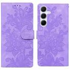 For Samsung Galaxy S23 FE 5G Lace Floral Embossed Magnetic Buckle PU Phone Case With Wrist Strap(Purple) - 1