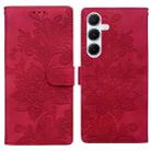 For Samsung Galaxy S23 FE 5G Lace Floral Embossed Magnetic Buckle PU Phone Case With Wrist Strap(Red) - 1