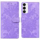 For Samsung Galaxy S23 5G Lace Floral Embossed Magnetic Buckle PU Phone Case With Wrist Strap(Purple) - 1