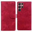 For Samsung Galaxy S22 Ultra 5G Lace Floral Embossed Magnetic Buckle PU Phone Case With Wrist Strap(Red) - 1