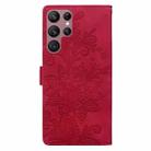 For Samsung Galaxy S22 Ultra 5G Lace Floral Embossed Magnetic Buckle PU Phone Case With Wrist Strap(Red) - 3