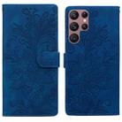 For Samsung Galaxy S22 Ultra 5G Lace Floral Embossed Magnetic Buckle PU Phone Case With Wrist Strap(Blue) - 1