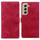 For Samsung Galaxy S21 5G Lace Floral Embossed Magnetic Buckle PU Phone Case With Wrist Strap(Red) - 1