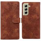 For Samsung Galaxy S21 5G Lace Floral Embossed Magnetic Buckle PU Phone Case With Wrist Strap(Brown) - 1