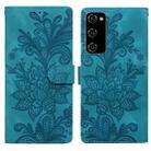 For Samsung Galaxy S20 FE Lace Floral Embossed Magnetic Buckle PU Phone Case With Wrist Strap(Green) - 1