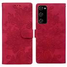 For Samsung Galaxy S20 FE Lace Floral Embossed Magnetic Buckle PU Phone Case With Wrist Strap(Red) - 1