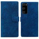 For Samsung Galaxy S20 FE Lace Floral Embossed Magnetic Buckle PU Phone Case With Wrist Strap(Blue) - 1