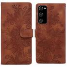 For Samsung Galaxy S20 FE Lace Floral Embossed Magnetic Buckle PU Phone Case With Wrist Strap(Brown) - 1