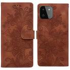 For Samsung Galaxy A22 5G Lace Floral Embossed Magnetic Buckle PU Phone Case With Wrist Strap(Brown) - 1