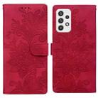 For Samsung Galaxy A32 4G Lace Floral Embossed Magnetic Buckle PU Phone Case With Wrist Strap(Red) - 1