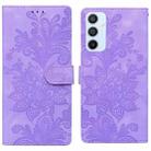 For Samsung Galaxy A54 5G Lace Floral Embossed Magnetic Buckle PU Phone Case With Wrist Strap(Purple) - 1