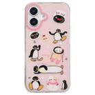 For iPhone 16 Double-sided IMD Cute Penguin Printed TPU Phone Case(Pink) - 1