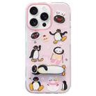 For iPhone 16 Pro Max Double-sided IMD Cute Penguin Printed TPU Phone Case with Holder(Pink) - 1