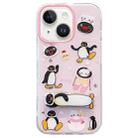 For iPhone 14 Double-sided IMD Cute Penguin Printed TPU Phone Case with Holder(Pink) - 1