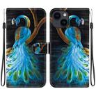 For iPhone 15 Crystal Texture Colored Drawing Leather Phone Case(Peacock) - 1