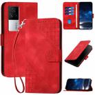 For vivo iQOO 7 India / iQOO Neo5 Grid Butterfly Embossed Pattern Leather Phone Case with Lanyard(Red) - 1