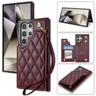 For Samsung Galaxy S25 Ultra 5G Rhombic Dual Buckle Card Slots Phone Case with Lanyard(Wine Red) - 1