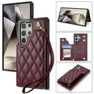 For Samsung Galaxy S24 Ultra 5G Rhombic Dual Buckle Card Slots Phone Case with Lanyard(Wine Red) - 1