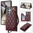 For Samsung Galaxy S23 Ultra 5G Rhombic Dual Buckle Card Slots Phone Case with Lanyard(Wine Red) - 1
