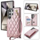 For Samsung Galaxy S22 Ultra 5G Rhombic Dual Buckle Card Slots Phone Case with Lanyard(Rose Gold) - 1
